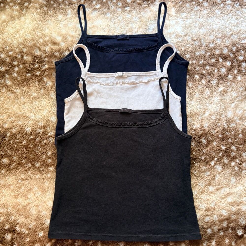 John Galt Brandy Melville 3 Tank Top Bundle Black White Navy Ruffle Trim Crop OS